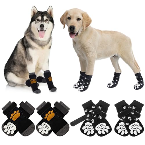 HTTDSLF 4 Paar Anti-Rutsch Socken für Hunde und Katzen, Hundesocken Anti Rutsch mit verstellbaren Riemen für den Innenbereich, Haftsocken Pfotenschutz für Drinnen Hunde im Innenbereich Freien (M) von HTTDSLF