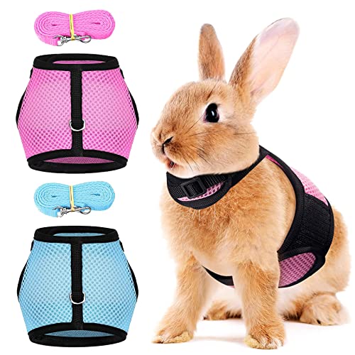 2 Stück Verstellbares weiches Hasengeschirr, Atmungsaktives Kaninchengeschirr, Mesh-Kaninchen-Geschirr, für Kleintier Hase Hamster Katze Outdoor (M, Blau,Rosa) von Exbrith