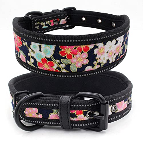 10 Farben reflektierendes Hundehalsband für Welpen mit Schnalle verstellbares Hundehalsband für kleine mittelgroße Hunde Leine Hundekette,Schwarze Blume,M von HUANSUN