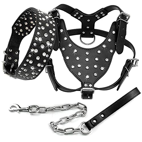 Bling Strass Besetztes Leder Hundehalsband Geschirr Leine 3er Set Walking Mittelgroße Hunde Rosa Schwarz ML XL,Schwarz,L von HUANSUN