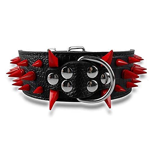 Cooles Hundehalsband mit Spikes besetztes Leder Hundehalsband für mittelgroße Hunde, Schwarz Rot Spike, L von HUANSUN