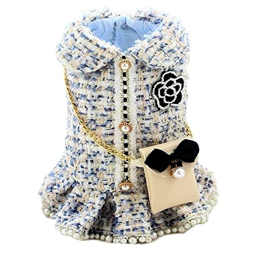 Hundebekleidung Haustier Tweed Mantel Paare Kleid Weste Outfit Schnee Himmelblau Perlen Rock Kamelie Kette Taschenzubehör,Blau,XL von HUANSUN