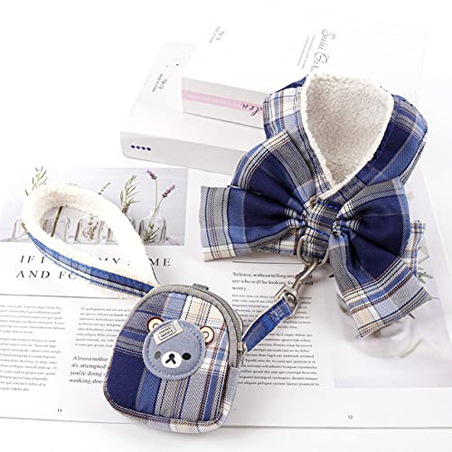 Hundegeschirr und Leine Set Snack Tasche Weich Warmhalten Niedliche Schleife Katzengeschirre Leine für kleine mittelgroße Hunde Weste Outdoor Walking,Marineblau,Snackbag,S von HUANSUN