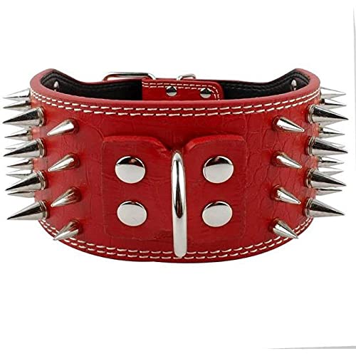 Hundehalsband aus Leder mit Nieten Rot 3" Weite mit D-Ring für mittelgroße Rassen,rot,L von HUANSUN
