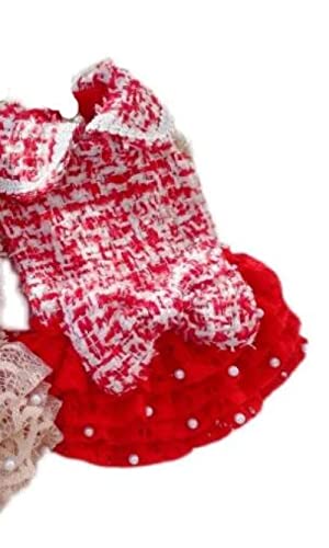 Klassisches Tweed-Hundemantelkleid Haustierkleidung Outfit Perlenspitzenrock Prinzessin Gentlewoman,rot,XXL von HUANSUN