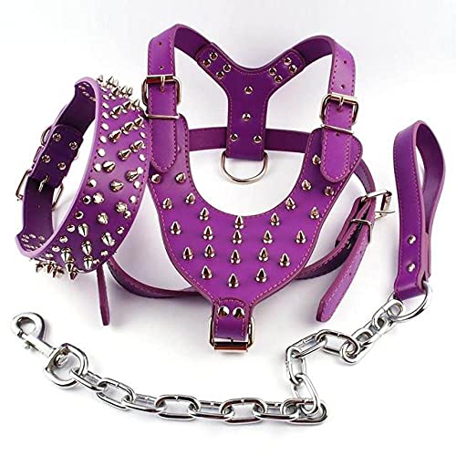 Lila verstellbares, Cooles, nietenbesetztes Leder-Hundegeschirr-Halsband-Leine-Set für große Hunde ML XL, Lila, L von HUANSUN