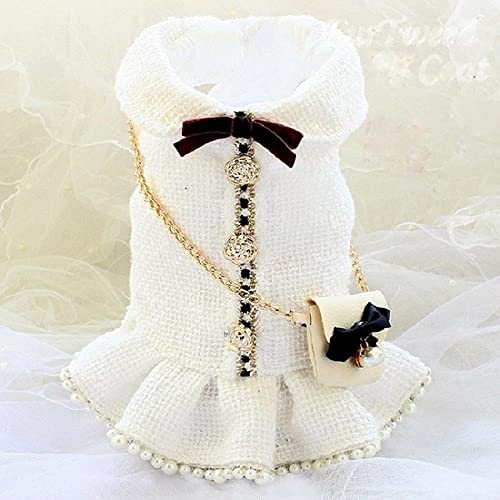 Luxus Haustier Kleidung Mantel Hund Kleid Herbst Winter Vintage Tweed Outfit Kette Tasche Perlenrock Klassische Kamelie, Weiß, XL von HUANSUN