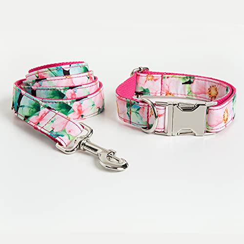 Personalisierte rosa Blume Hundehalsband Leine mit Fliege Set für kleine mittelgroße Hunde, Halsband Leine, M von NC