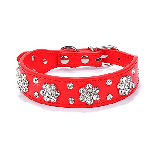 Strass Hundehalsband Diamante Leder Haustier Welpen Halskette Bling Kristall besetzte Katzenhalsbänder Rosa Rot Für Kleine Mittlere Hunde,Rot,M von HUANSUN