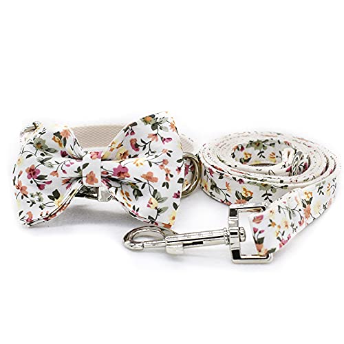 Weiße Blume Hundehalsband und Leine Set mit Fliege verstellbare Haustier Welpen Baumwolle Hund Partygeschenk, Halsband Leine Fliege, S von NC