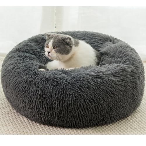 HUAXIQUE Donut Hundebett Hundebett Wolke Hundebett Rund Hundekissen Plüsch Donut undekissen Waschbar Flauschig Hundematte Anti Rutsch Noppenboden 60cm Dunkelgrau von HUAXIQUE