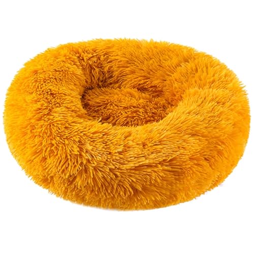 HUAXIQUE Hundebett Donut Anti Stress Hundebett Hundebett Rund Hundekissen Plüsch Donut Waschbar Haustierbett Flauschiges Hundebett 90cm Goldgelb von HUAXIQUE