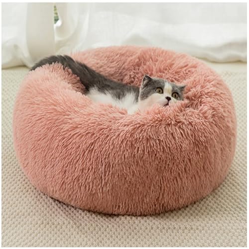 HUAXIQUE Hundebett Donut Anti Stress Hundebett Hundebett Rund Hundekissen Plüsch Donut undekissen Waschbar Flauschig Hundematte Anti Rutsch Noppenboden 90cm Leder Rosa von HUAXIQUE