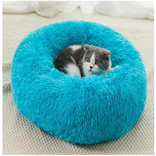 HUAXIQUE Hundebett Donut Anti Stress Hundebett Hundebett Rund Hundekissen Plüsch Donut undekissen Waschbar Flauschig Hundematte Flauschiges Hundebett 60cm Blau von HUAXIQUE