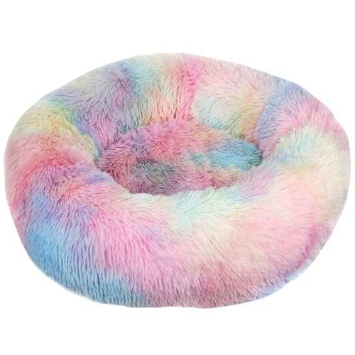 HUAXIQUE Kuscheliges Hundebett Hundebett Rund Hundekissen Plüsch Donut undekissen Waschbar Flauschig Hundematte Anti Rutsch Noppenboden 60cm Regenbogen von HUAXIQUE