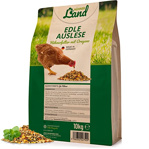 HÜHNER Land Hühnerfutter – Edle Auslese mit Oregano 10kg I Hühner Alleinfutter, OHNE GENTECHNIK & ZUSÄTZE, GVO frei, Ganzjahresmischung Körnerfutter für Hühner, Wachteln, Küken & Geflügel von HÜHNER Land