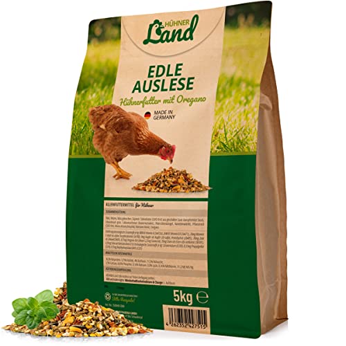 HÜHNER Land Hühnerfutter – Edle Auslese mit Oregano 5kg I Hühner Alleinfutter, OHNE GENTECHNIK & ZUSÄTZE, GVO frei, Ganzjahresmischung Körnerfutter für Hühner, Wachteln, Küken & Geflügel von HÜHNER Land