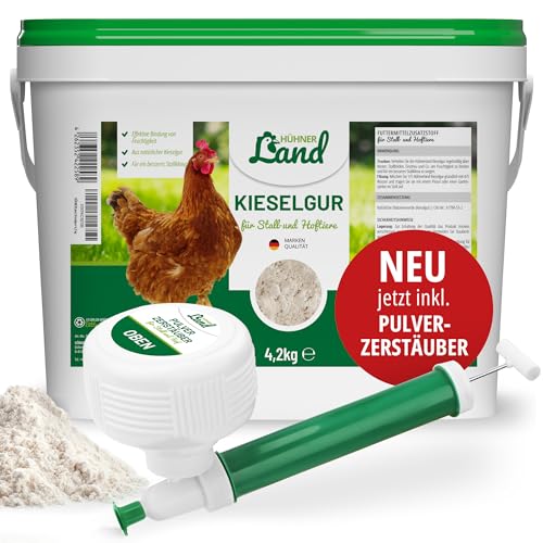 HÜHNER Land Kieselgur für Hühner 4,2kg - Reines Kieselgur Hühner Pulver inkl. Stäubeflasche im Eimer, Kieselerde Pulver, Naturprodukt für Hühnerstall, Laborgeprüft für Geflügel Betriebe von HÜHNER Land