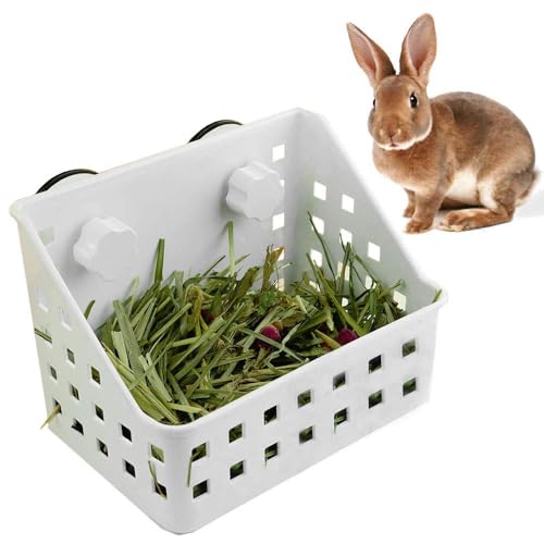 Heufutterstation für weniger Verschwendung – ideal für Kaninchen, Chinchilla, Meerschweinchen, Kunststoffnapf für Gras und Futter von HUFACAI