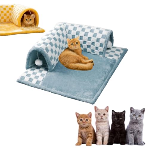 2-in-1-Tunnelbett für Katzen mit lustigem Plüsch-Karomuster, Winter-Haustier-Plüschbett für Katzen, runder Katzentunnel mit hängenden Bällen (L,Blau) von HUGGINS