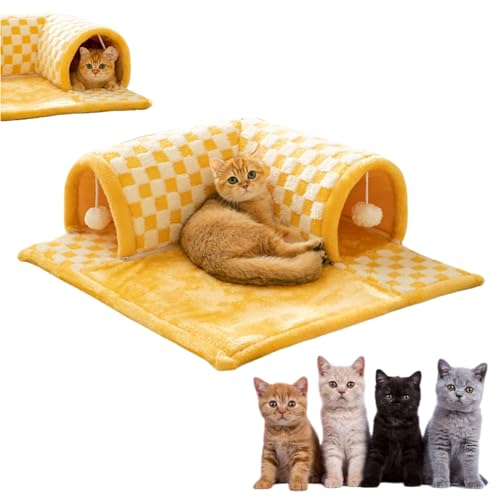 HUGGINS 2-in-1-Tunnelbett für Katzen mit lustigem Plüsch-Karomuster, Winter-Haustier-Plüschbett für Katzen, runder Katzentunnel mit hängenden Bällen (M,Gelb) von HUGGINS
