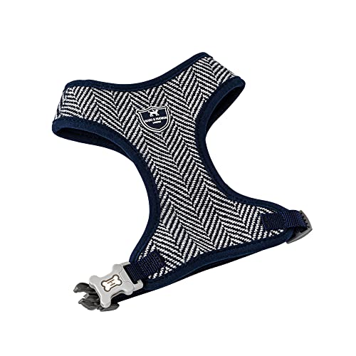 HUGO & HUDSON Tweed Vest Hundegeschirr - Verstellbare hintere Schnalle ohne Würgen Geschirr für Training und Spazierengehen - Bequeme weiche Polsterung - Marineblau Fischgrätenmuster - S von HUGO & HUDSON