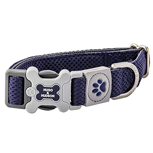 HUGO & HUDSON Hundehalsband mit Schnellverschluss-Sicherheitsschnalle aus Kunststoff – weiches, leichtes Netzhalsband für kleine, mittelgroße und große Hunde – Marineblau – M von HUGO & HUDSON
