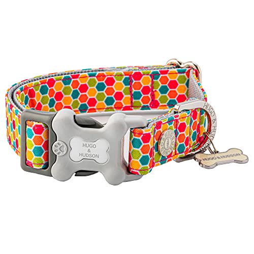 HUGO & HUDSON Nylon-Hundehalsband mit Schnellverschluss-Sicherheitsschnalle aus Kunststoffknochen, Haustierhalsband - Mehrfarbig geometrisch - L von HUGO & HUDSON