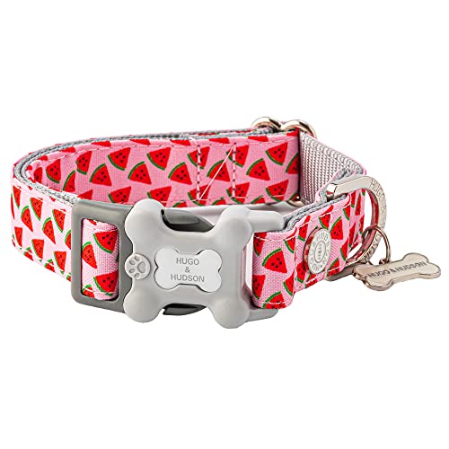HUGO & HUDSON Nylon-Hundehalsband mit Schnellverschluss-Sicherheitsschnalle aus Kunststoffknochen, Haustierhalsband - Rosa Wassermelone - M von HUGO & HUDSON