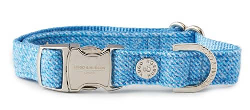HUGO & HUDSON Tweed-Hundehalsband, luxuriös, verstellbar, Schnellverschluss, Sicherheits-Metallschnalle, Blau, Größe L von HUGO & HUDSON