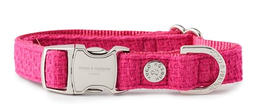 HUGO & HUDSON Tweed-Hundehalsband, luxuriös, verstellbar, Schnellverschluss, Sicherheits-Metallschnalle, Rosa, Größe L von HUGO & HUDSON