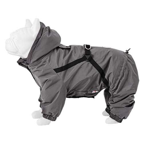 HUGO & HUDSON Hunde-Schneeanzug für den Winter, winddicht, mit Kapuze, Schnallen, Geschirr, Grau, XS30 von HUGO & HUDSON