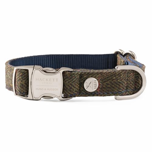 HUGO & HUDSON x HACKETT Tweed-Hundehalsband, verstellbare Metallschnalle, dunkelgrün kariert, Fischgrätenmuster, XS von HUGO & HUDSON