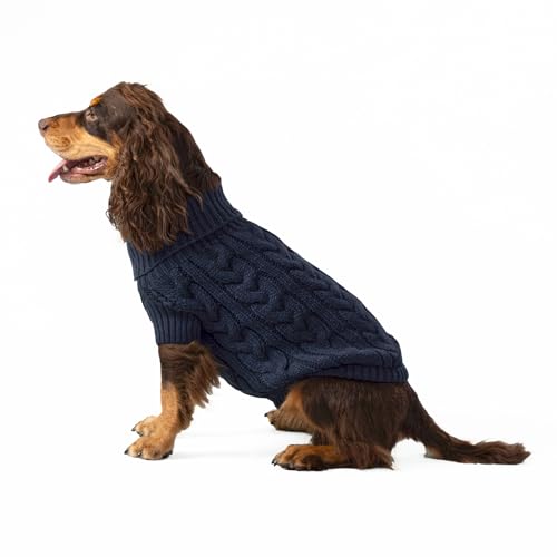 HUGO & HUDSON x HACKETT Zopfstrickpullover Hundepullover Warmer gestrickter Rollkragenpullover - Marineblau, XS von HUGO & HUDSON