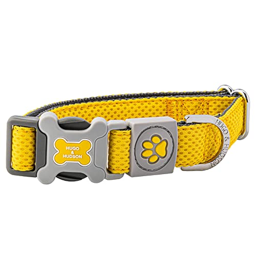 Hugo & Hudson Hundehalsband mit Schnellverschluss-Sicherheitsschnalle aus Kunststoff – weiches, leichtes Netzhalsband für kleine, mittlere, große und XL Hunde – Gelb – XS von HUGO & HUDSON