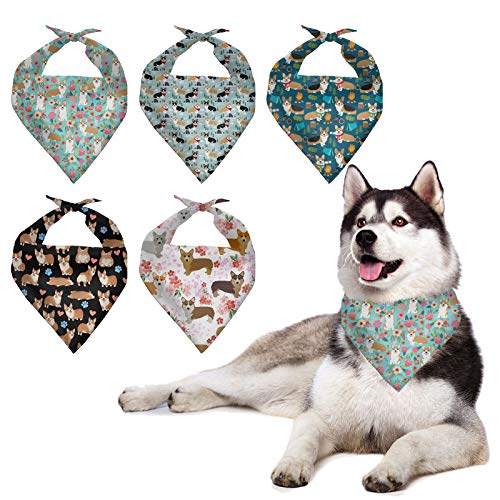 HUGS IDEA Hundehalstuch mit floralem Corgi-Motiv, waschbar, Dreieckstuch für kleine, mittelgroße und große Welpen, 5-teiliges Set von HUGS IDEA