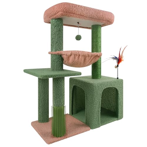 HUITREE Kratzbaum, Turm für Indoor-Katzen, mit Kratzbaum-Bürste und Katzenhöhle, Grün von HUITREE