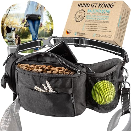 HUND IST KÖNIG® Leckerlitasche für Hunde Leckerlis & Hundezubehör - Robuste Bauchtasche Hund - Futterbeutel Hunde mit viel Platz, Kotbeutelspender, Handyfach & Leinen-Gurt von HUND IST KÖNIG