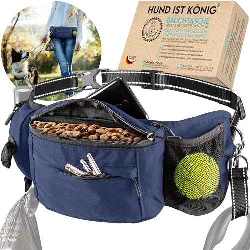 HUND IST KÖNIG Leckerlitasche für Hunde Leckerlis & Hundezubehör - Robuste Bauchtasche Hund - Futterbeutel Hunde mit Kotbeutelspender, Handyfach & Gurt für Flexileine von HUND IST KÖNIG