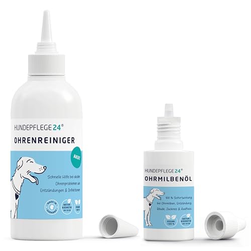 HUNDEPFLEGE24 Ohrenpflege Set - Ohrenreiniger Akut 250ml + Ohrmilbenöl 50ml - Das ideale Duo für gesunde Hundeohren - Sofortwirkung gegen Ohrmilben und pflegende Wirkung bei Entzündungen HUNDEPFLEGE24 Ohrenpflege Set - Ohrenreiniger Akut 250ml + Ohrmilbenöl 50ml - Das ideale Duo für gesunde Hundeohren - Sofortwirkung gegen Ohrmilben und pflegende Wirkung bei Entzündungen von HUNDEPFLEGE24