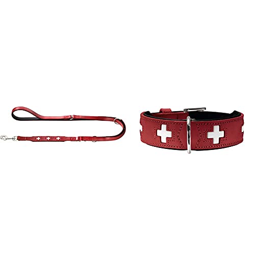 HUNTER Swiss Verstellbare Führleine für Hunde, Leder, hochwertig, Schweizer Kreuz, 1,8/200 cm, rot & Swiss Hundehalsband, Leder, hochwertig, Schweizer Kreuz, 65 (L), rot/schwarz von HUNTER