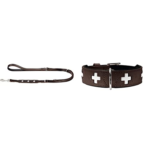 HUNTER Swiss Verstellbare Führleine für Hunde, Leder, hochwertig, Schweizer Kreuz, 1,8 x 200 cm, braun & Swiss Hundehalsband, Leder, hochwertig, Schweizer Kreuz, 50 (S-M), braun/schwarz von HUNTER