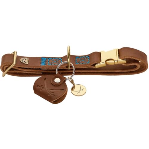HUNTER Hundehalsung Sansibar Farbe: Cognac, edles Rindsleder, Maritime Details, Blaue Ziernähte, messingfarbene Beschläge, stufenlos verstellbar, stylisch & robust, Made in Germany, Größe: M von HUNTER