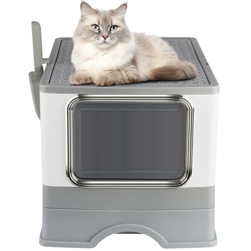 Geschlossene Katzentoilette, abnehmbares Tablett, Schaufel, Bürste, für große Katzen, Tragfähigkeit 15 kg, schmutzabweisend, auslaufsicher, B-52 x 39 x 39 cm, Grau Geschlossene Katzentoilette, abnehmbares Tablett, Schaufel, Bürste, für große Katzen, Tragfähigkeit 15 kg, schmutzabweisend, auslaufsicher, B-52 x 39 x 39 cm, Grau von HUOLE