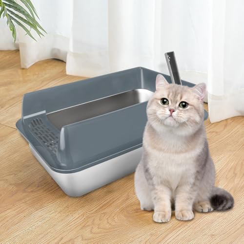 Katzentoilette aus Edelstahl, XXL, Katzentoilette mit Schaufel, geschlossener Typ in U-Form, abnehmbare Katzentoilette B-50 x 35 x 24 cm, Grau von HUOLE