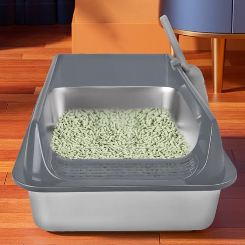 Katzentoilette aus Edelstahl, XXL, Katzentoilette mit Schaufel, geschlossener Typ in U-Form, abnehmbare Katzentoilette B-60 x 40 x 30 cm (große Größe), grau von HUOLE