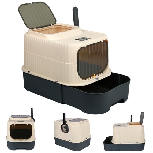 Katzentoilette für Katzen, geschlossen, Toilettenhaus, abnehmbares Tablett, Schaufel für große Katzen, Tragfähigkeit 15 kg, schmutzabweisend, auslaufsicher, 37 x 49 x 37 cm (schwarz) von HUOLE