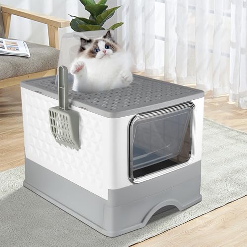 Katzentoilette für Katzen, selbstreinigend, Schaufel + Schublade zum Einstreuen, einfache Reinigung, groß für Katzen und Kaninchen, auslaufsicher, schmutzabweisend, 52 x 39 x 39 cm, grau von HUOLE