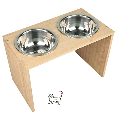 erhöhter Hundenapf Futterstation für Hunde Futterbar für Haustiere aus Bambus 2 Näpfe aus Edelstahl rutschfest (2 Schüsseln (Naturholz)) von HUOLE
