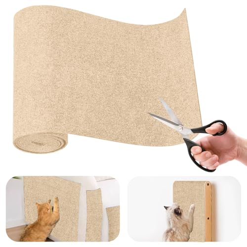 Kratzmatte Selbstklebend, Trimmbare Kratzmatte Katze Kratzbrett Wand Kratzschutz Sofa 200x40cm Katzenteppich Kratzteppich für Wand Möbel und Couch Schutz (Beige) von HUSOUE